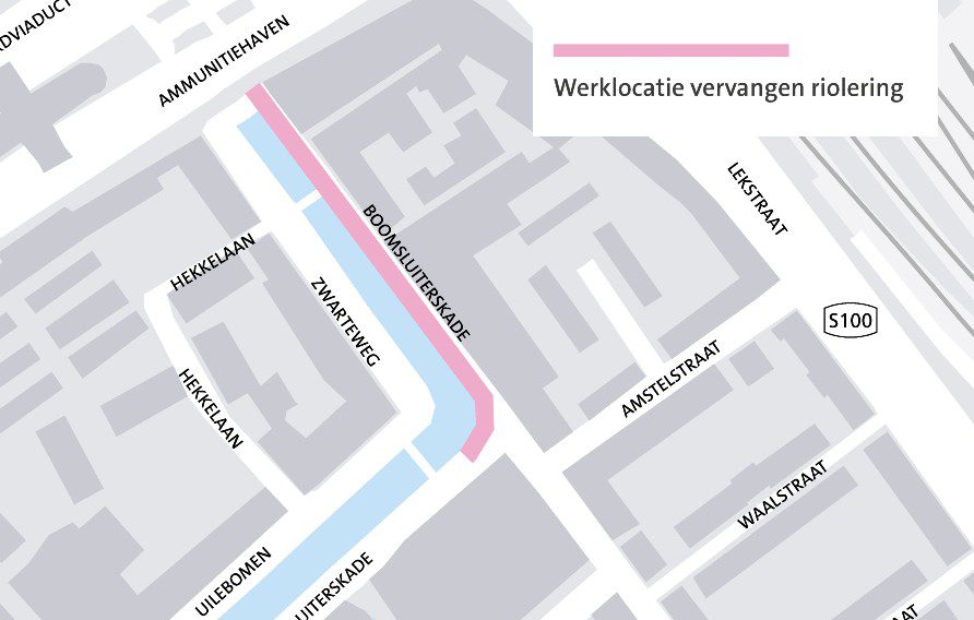 Kaart met daarop de Boomsluiterskade. Het roze gedeelte geeft aan waar het riool wordt vervangen.